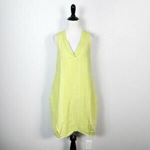 Inizio Lagenlook Artsy Italian Linen V Neck Stripe Shift Dress Pockets Medium